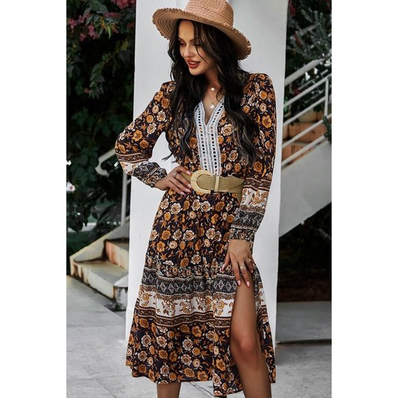 Boho Black Floral Print Lace Midi Dress - Picture 2 of 7